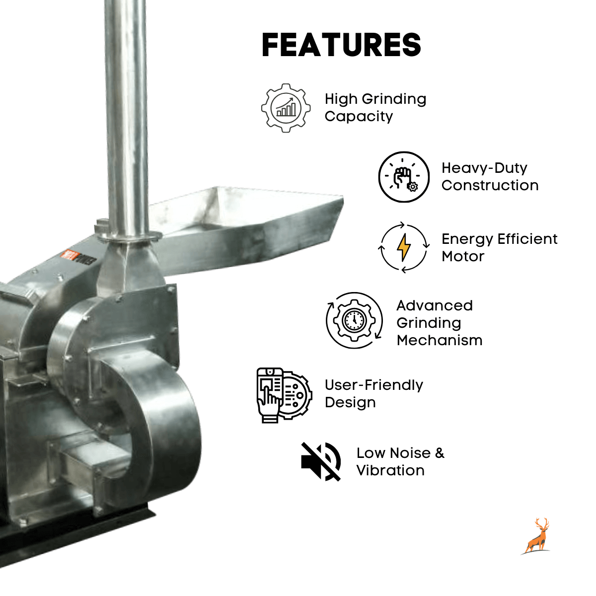 7.5 HP Masala Grinder Machine -  features - reindeer machinery 